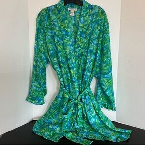 Morgan Taylor Intimates Vintage Floral Satin Robe in Aqua & Lime Green Size M/L
